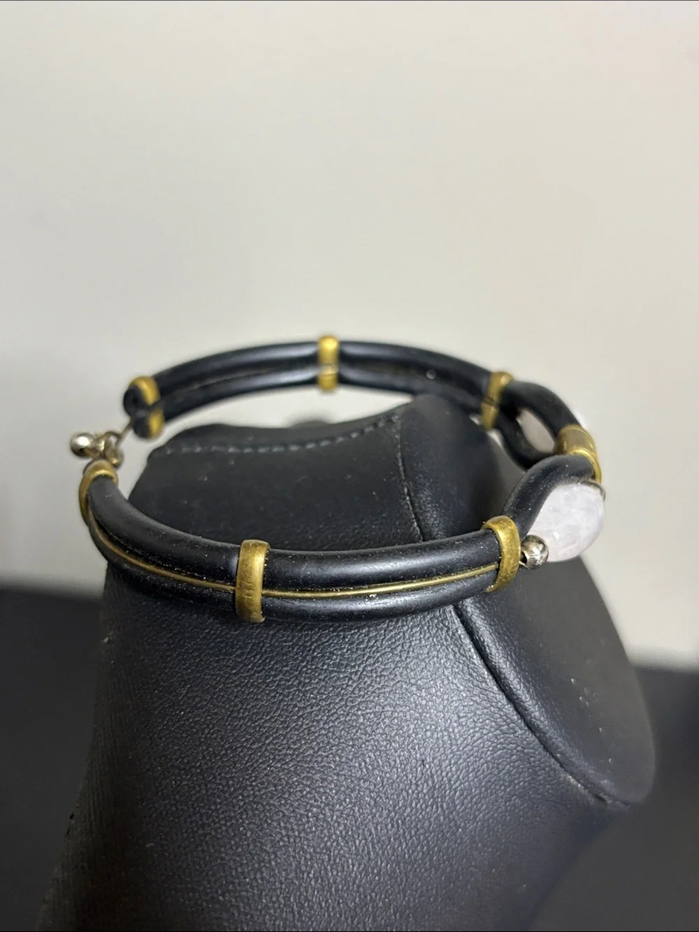 Handcrafted Black Leather Bracelet with White Stone Gem Accents